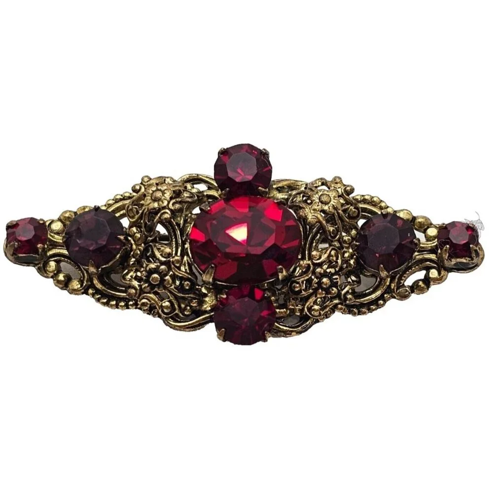 Vtg Red Rhinestone Filigree Brooch Victorian Revival Romance Old‎ Hollywood Glam